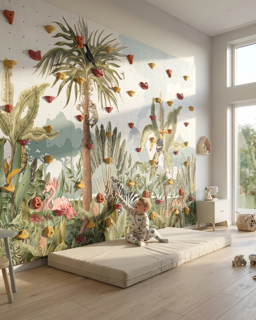 Home climbing wall with "Jungle 2" print